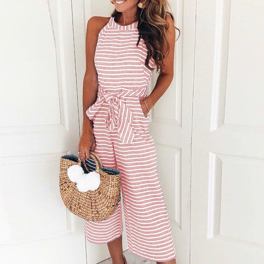 Vrouwen Gestreepte Taille Gordel Wijde Pijpen Jumpsuit Belleza