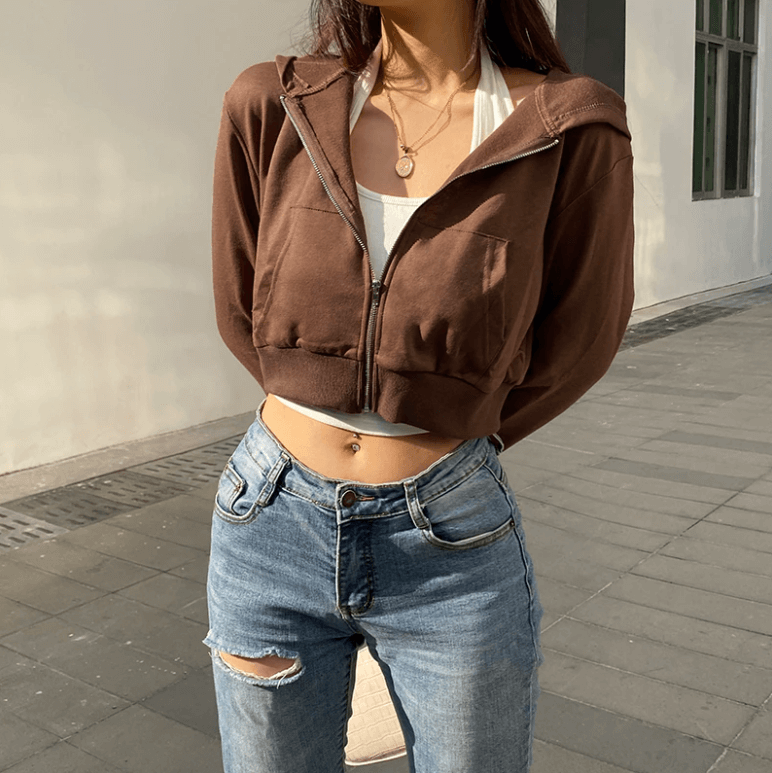 Extra Slanke Gekroesde Zip-Up Hoodie Belleza