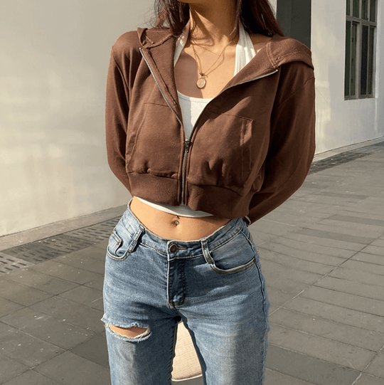 Extra Slanke Gekroesde Zip-Up Hoodie Belleza