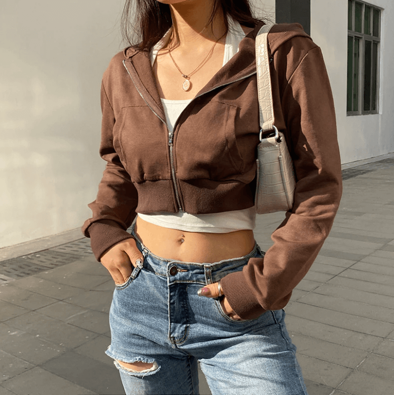Extra Slanke Gekroesde Zip-Up Hoodie Belleza