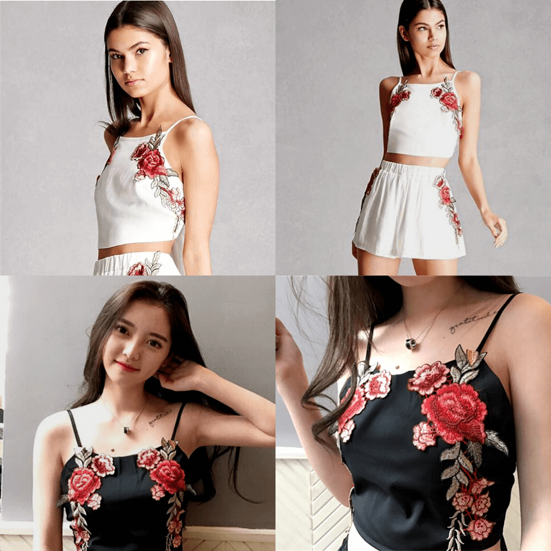 Set met geborduurde crop top en short met bloemen Belleza