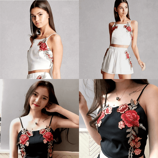 Set met geborduurde crop top en short met bloemen Belleza