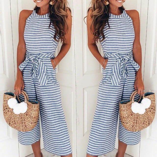 Vrouwen Gestreepte Taille Gordel Wijde Pijpen Jumpsuit Belleza