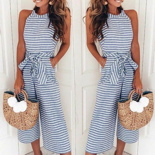 Vrouwen Gestreepte Taille Gordel Wijde Pijpen Jumpsuit Belleza