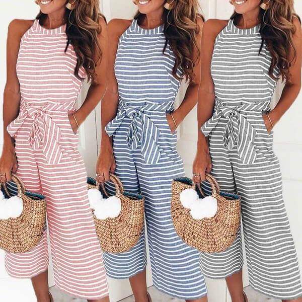 Vrouwen Gestreepte Taille Gordel Wijde Pijpen Jumpsuit Belleza