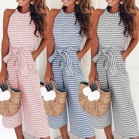 Vrouwen Gestreepte Taille Gordel Wijde Pijpen Jumpsuit Belleza